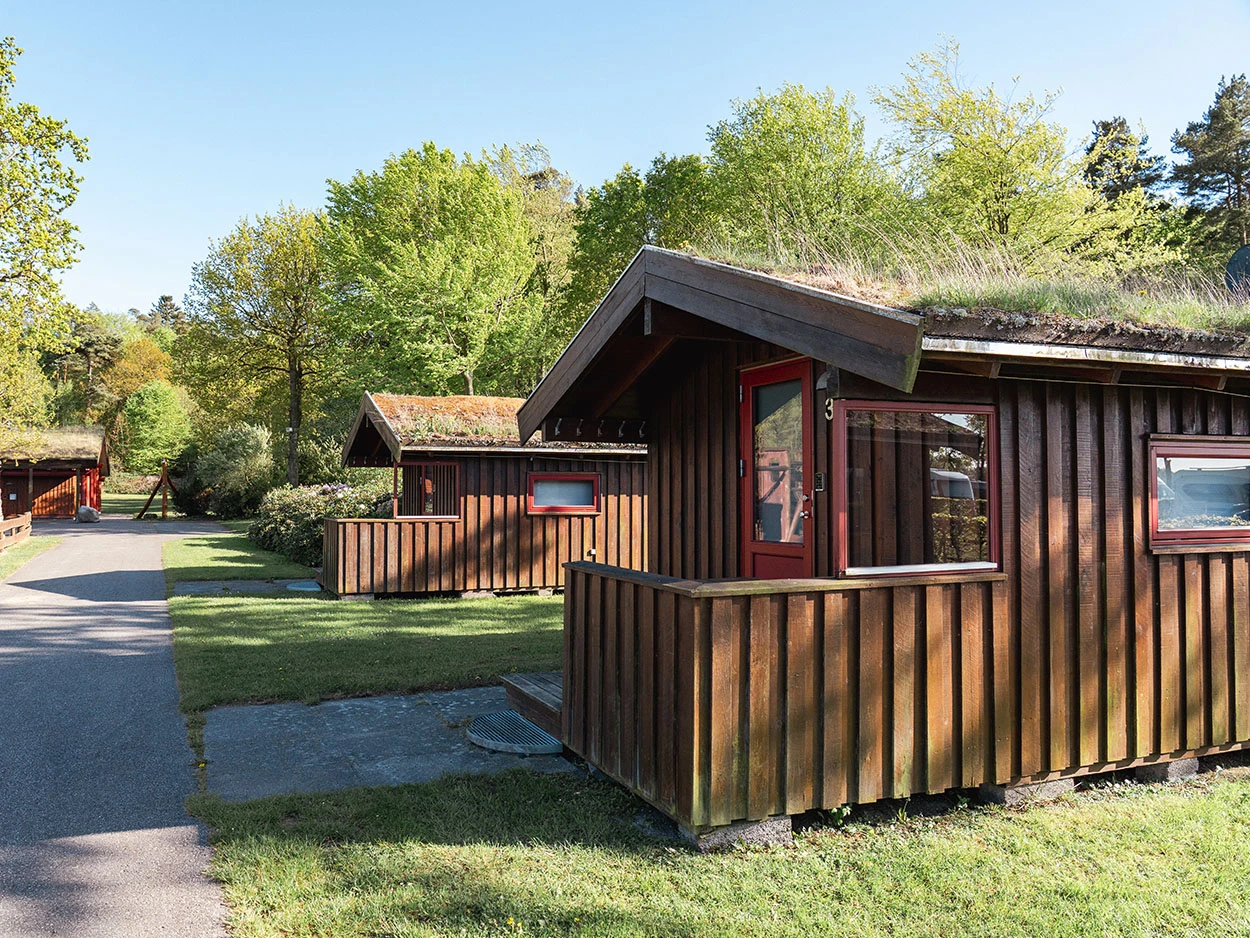 Rote Holzhütten mit bewachsenem Dach und Windschutzzaun.