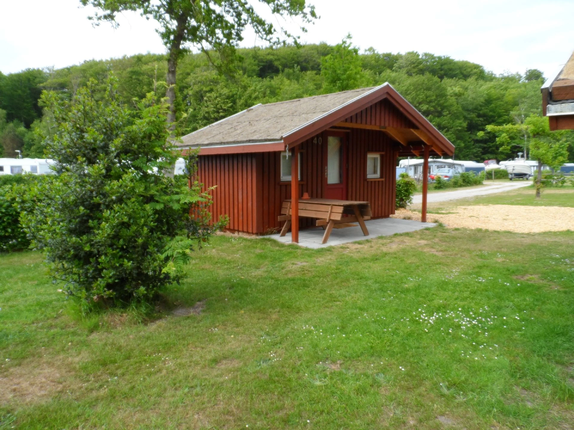 Cykelhytte – setting Cykelhytte nestled among bushes on the campsite