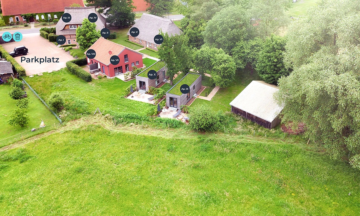 Luftaufnahme des Hofguts Bockelkathen mit Nummerierung der Arpartments als Lageplan.